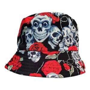 SKULLS AND ROSES Womens Bucket SUN HAT Black and Red Reversible NWT